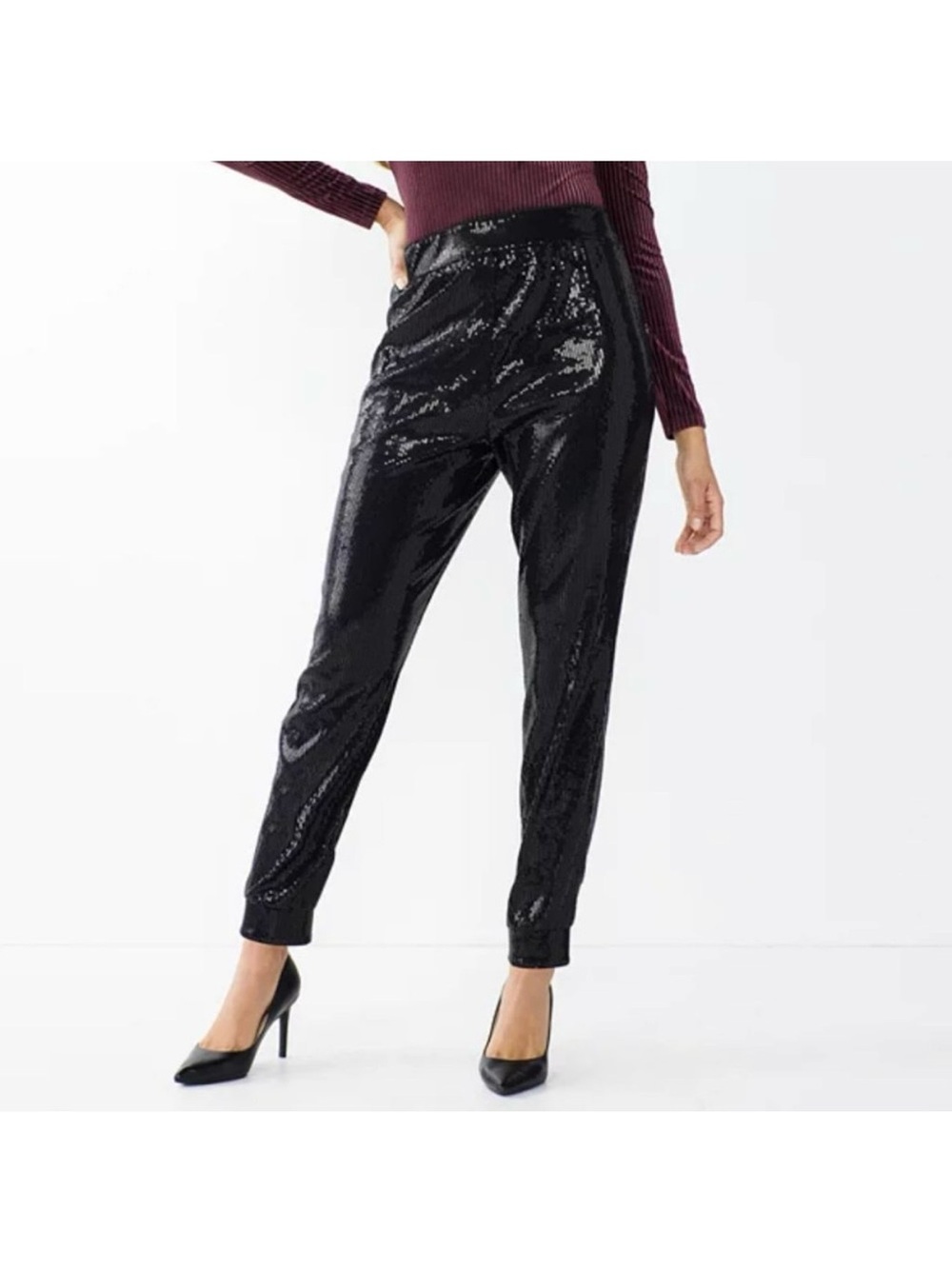 NWT Nine West Black Sequin Mid Rise Joggers, Pull On and Tapered Ankle, Pockets